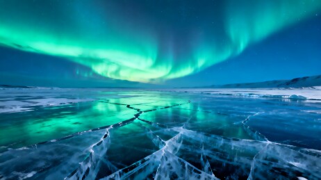 极光映照冰裂湖面夜景