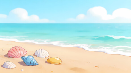 沙滩上五彩贝壳与碧海白云