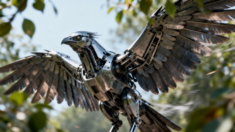 机械鹰展翅飞翔于绿叶间