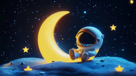 可爱宇航员坐在发光弯月上仰望星空