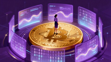 女性站在比特币与数据屏幕中央