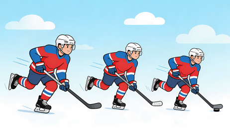 红蓝冰球运动员滑行