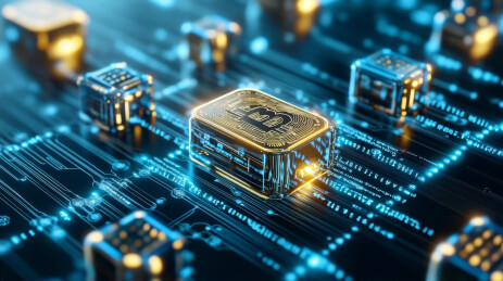 芯片上的比特币符号在数字电路板上发光