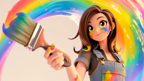 拿画刷绘制七彩虹的卡通艺术少女