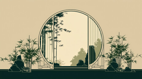 中式园林月亮门翠竹奇石景观插画