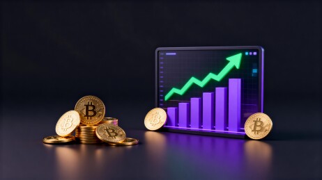比特币增长图表与实物金币展示