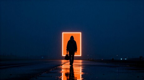 雨夜行人走向发光方框