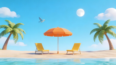 橙伞黄椅棕榈月夜海景