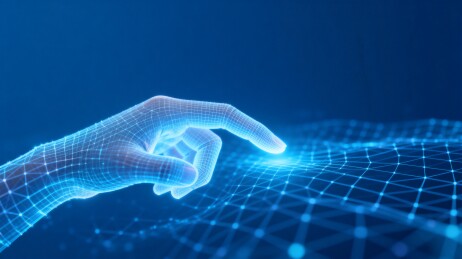 蓝色网格手触碰虚拟波浪