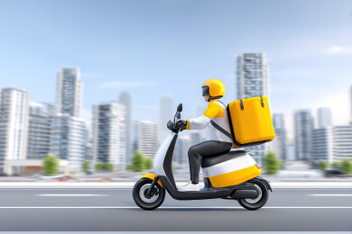 城市中送快递的外卖小哥和灵活就业概念插画