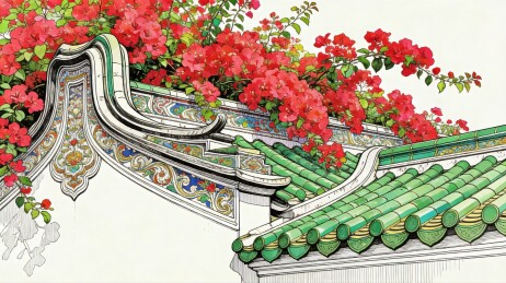 传统屋檐与红花绿瓦