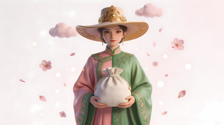 柔美女子捧布袋