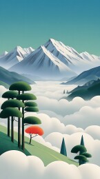 雪山云海松林图