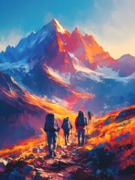 登山爱好者在壮丽山景中攀登