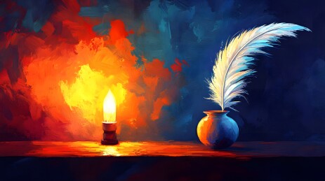 柔光下木桌上的竹扇