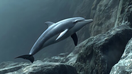 深海中海豚穿梭岩石的优雅身影