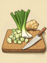 木质砧板上的葱花与姜块