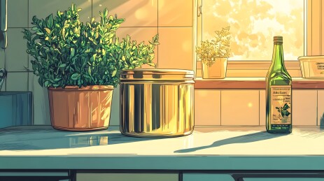 白色台面上的复古铝罐与香草