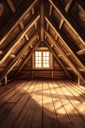 阳光下的旧阁楼木梁