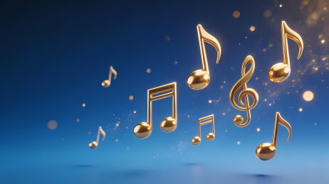 金色音符飘浮深蓝背景