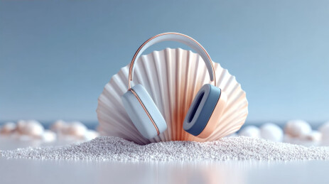 贝壳前的蓝色无线耳机创意产品展示