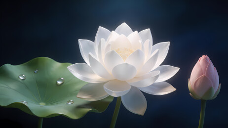 白莲粉蕾水滴深蓝背景