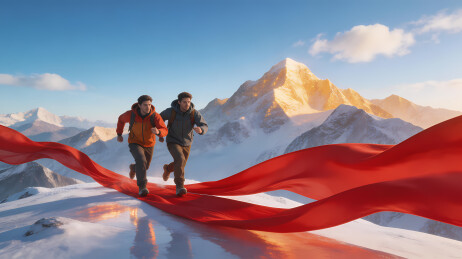 雪山行进的登山者