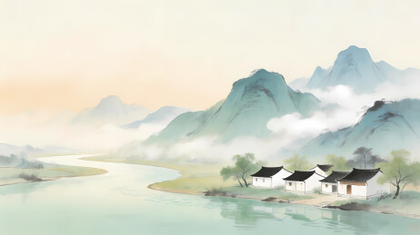 青翠山水临水白屋