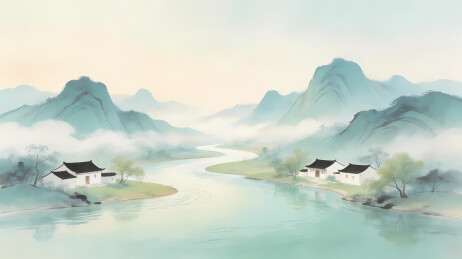 山水间白屋青峰