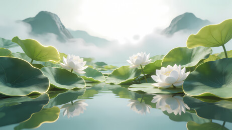 白莲盛开荷叶环绕