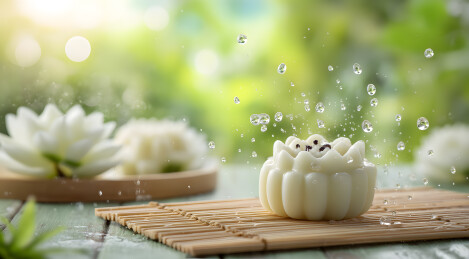 水滴落在莲花形糕点上