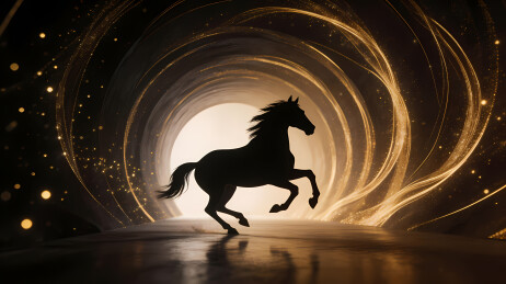 黑骏马奔腾于金光中