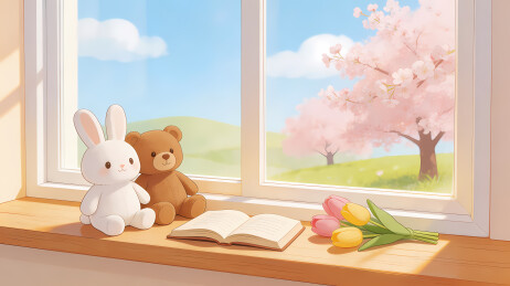 白兔棕熊共赏樱花