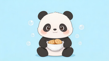 卡通熊猫手捧食物温馨画面