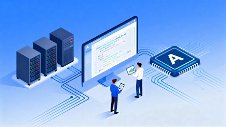 科技人员与服务器电脑互动