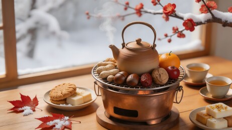 冬日窗边茶点与雪景