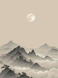 月夜下的云雾山峦图