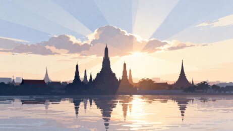 日落时分寺庙水景剪影