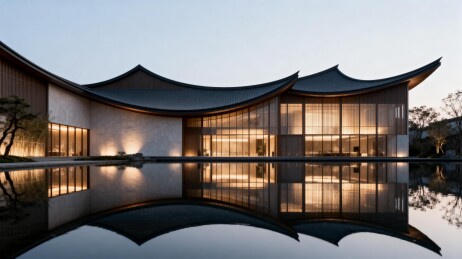 夜晚中式建筑倒影水景