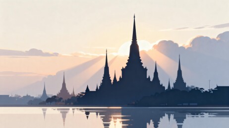 寺庙剪影映水日出美景