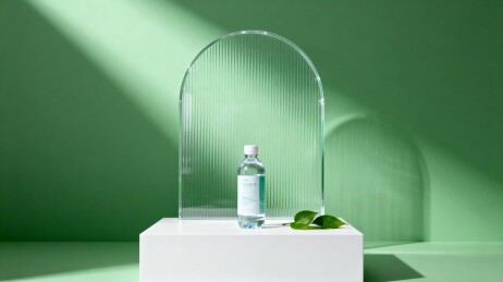 绿色背景下的透明瓶装水