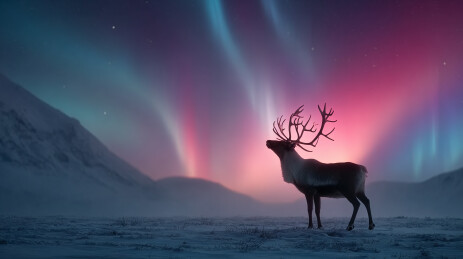 极光下的驯鹿剪影