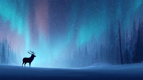 极光下雪原中的鹿