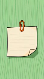 绿色木纹背景上的便签纸与橙色回形针