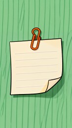 绿色木纹背景上的便签纸与橙色回形针