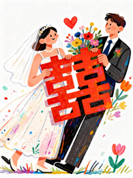 治愈系插画新婚夫妻与囍字