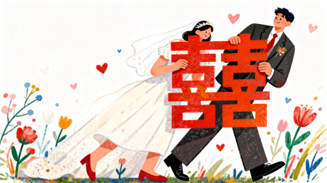 治愈系插画新婚夫妻与囍字