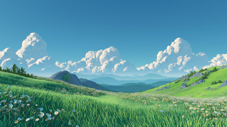 绿坡白花映衬远山云