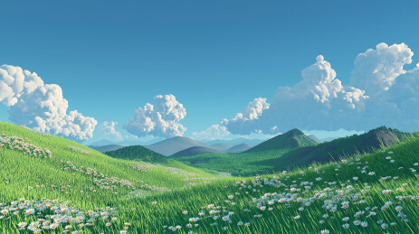 绿坡白花映衬远山云