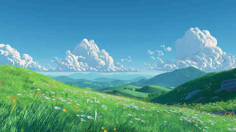 绿坡白花映衬远山云